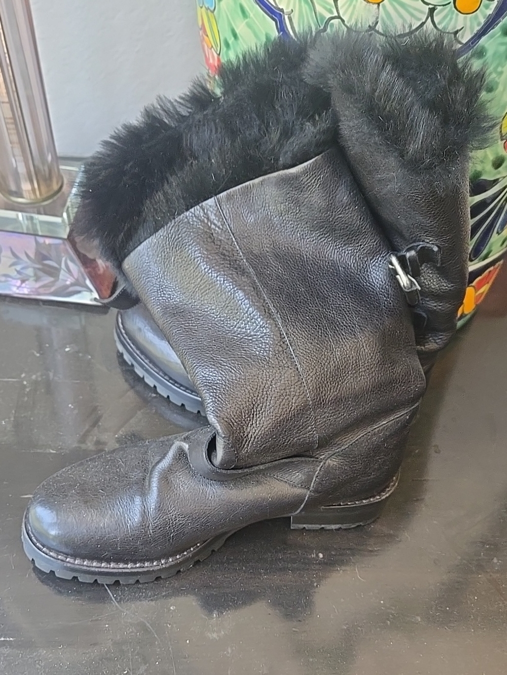 Sartore Black Leather Combat Moto Boots with Fur Cuff
